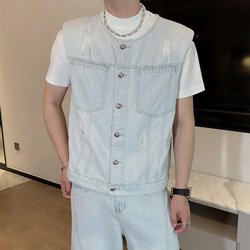 IEFB Denim Men's Sets Round Collar Solid Color Holes Design Single Breasted Sleeveless Vests Pleated Loose Male Jeans New 9W3269