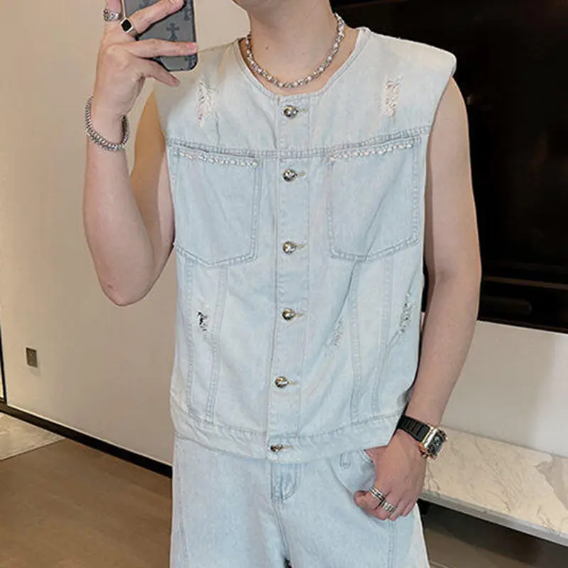 IEFB Denim Men's Sets Round Collar Solid Color Holes Design Single Breasted Sleeveless Vests Pleated Loose Male Jeans New 9W3269
