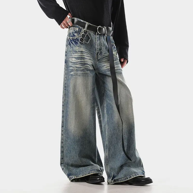 IEFB New Autumn Men's Jeans Washed Moustache Effect Contrast Color American Style Wide Leg Loose Male Denim Pants Trend 9W4328