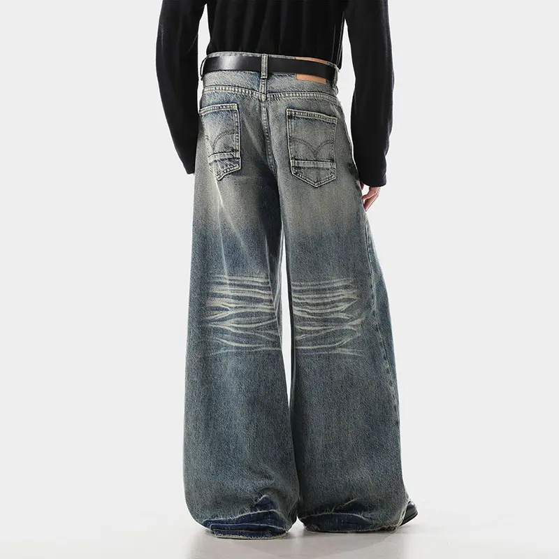 IEFB New Autumn Men's Jeans Washed Moustache Effect Contrast Color American Style Wide Leg Loose Male Denim Pants Trend 9W4328