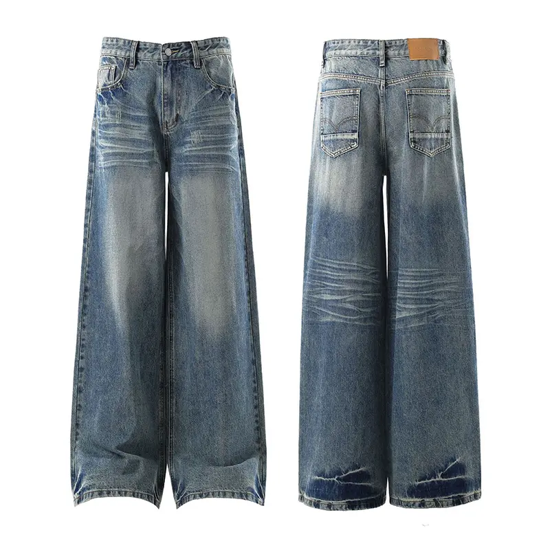 IEFB New Autumn Men's Jeans Washed Moustache Effect Contrast Color American Style Wide Leg Loose Male Denim Pants Trend 9W4328