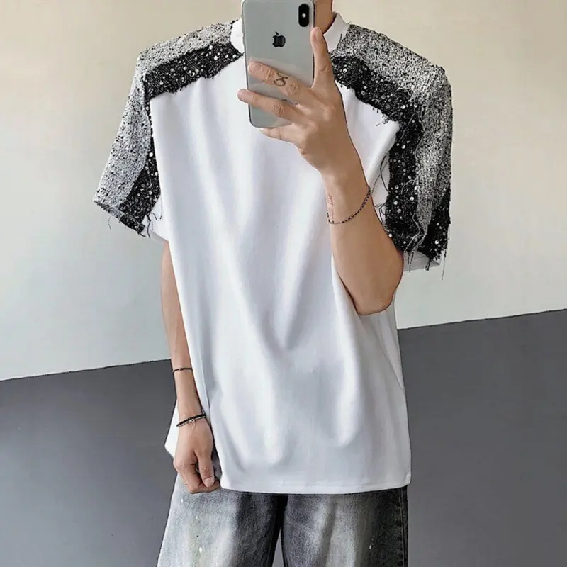 IEFB Sequins Patchwork Men's Tees Contrast Color Round Collar Shoulder Padded Loose Short Sleeved Pullover Male T-shirts 9W3508