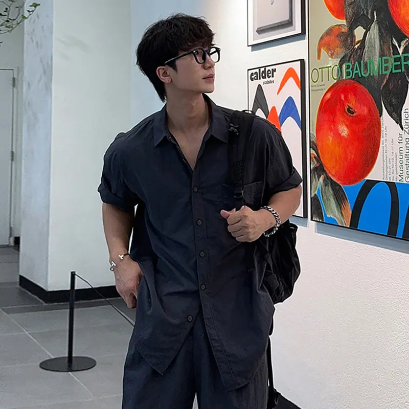 IEFB Business Casual Men's Shirts Solid Color Turn-down Collar Short Sleeve Loose Single Breasted Simple Male Tops New 9W2909