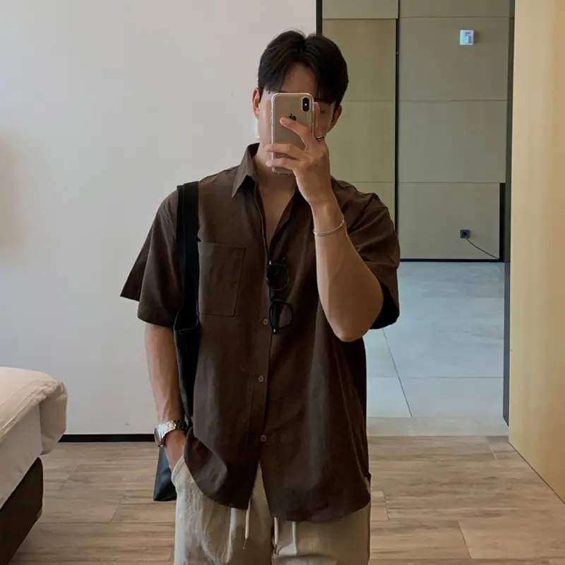 IEFB Korean Style Men's Shirts Lapel Solid Color Short Sleeved Pocket Solid Color Tops Single Breasted Loose Male Shirt 9W2911