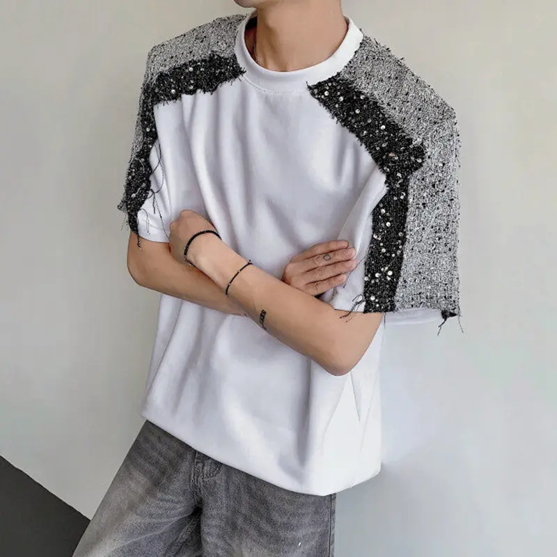 IEFB Sequins Patchwork Men's Tees Contrast Color Round Collar Shoulder Padded Loose Short Sleeved Pullover Male T-shirts 9W3508