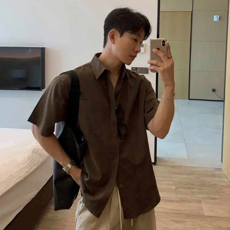 IEFB Korean Style Men's Shirts Lapel Solid Color Short Sleeved Pocket Solid Color Tops Single Breasted Loose Male Shirt 9W2911