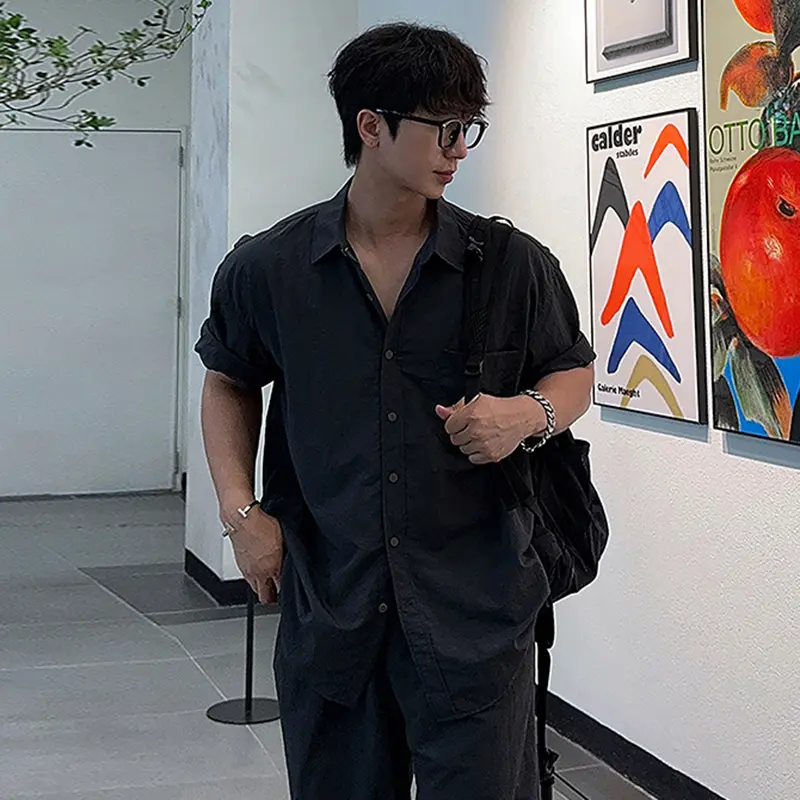 IEFB Business Casual Men's Shirts Solid Color Turn-down Collar Short Sleeve Loose Single Breasted Simple Male Tops New 9W2909