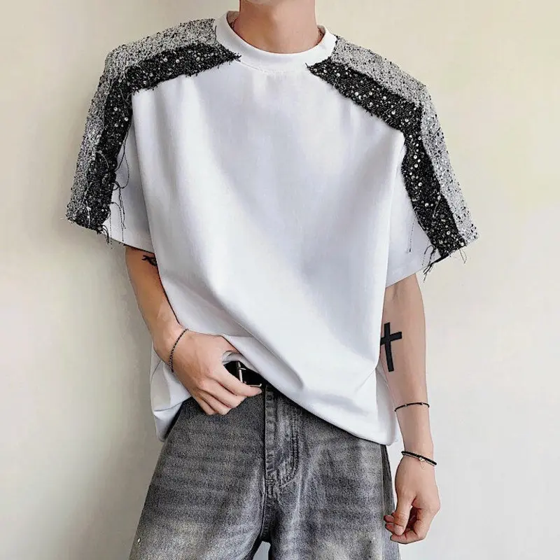 IEFB Sequins Patchwork Men's Tees Contrast Color Round Collar Shoulder Padded Loose Short Sleeved Pullover Male T-shirts 9W3508