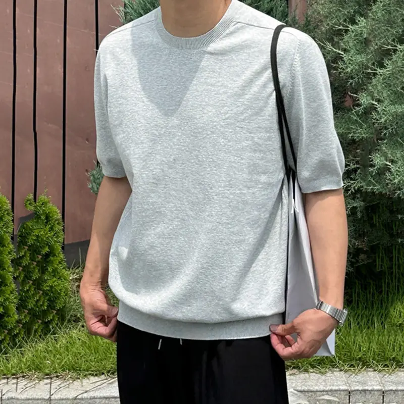 IEFB Korean Style Men's Knitted Top Half Sleeve Round Collar Pullover Male T-shirt Solid Color Loose Simple Male Clothing 9W3652