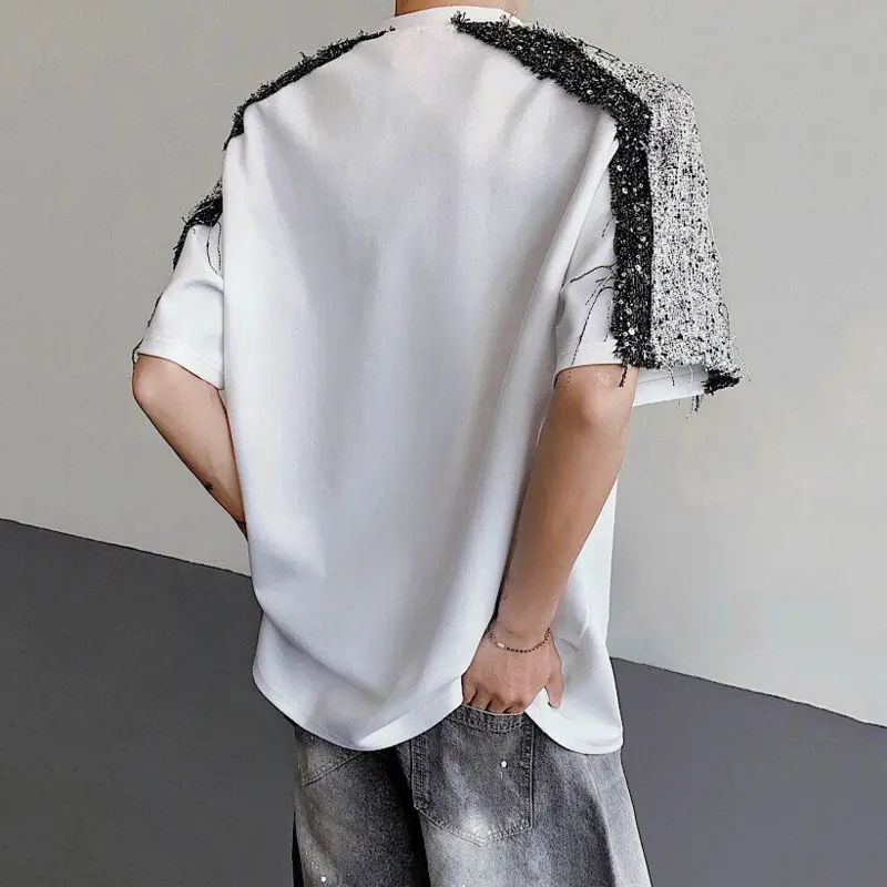 IEFB Sequins Patchwork Men's Tees Contrast Color Round Collar Shoulder Padded Loose Short Sleeved Pullover Male T-shirts 9W3508