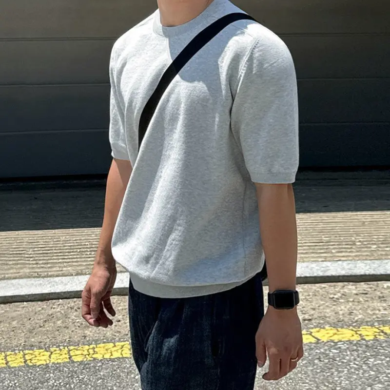 IEFB Korean Style Men's Knitted Top Half Sleeve Round Collar Pullover Male T-shirt Solid Color Loose Simple Male Clothing 9W3652