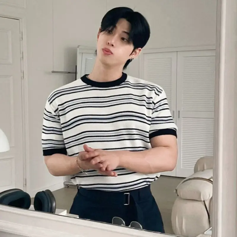 IEFB Niche Design Men's T-shirts Round Neck Striped Contrats Color Trendy Menswear Short Sleeve Pullover Male Tees Chic 9W3670