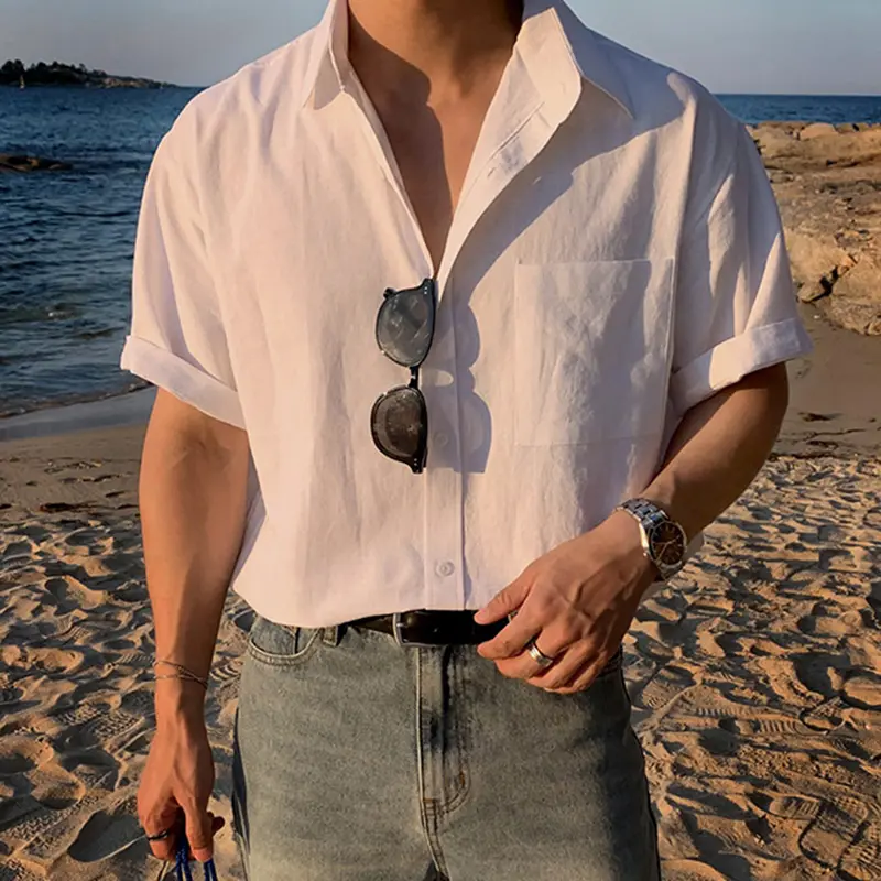IEFB Korean Style Men's Shirts Lapel Solid Color Short Sleeved Pocket Solid Color Tops Single Breasted Loose Male Shirt 9W2911