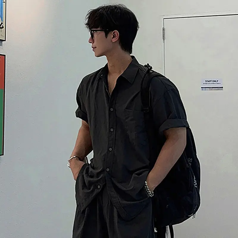 IEFB Business Casual Men's Shirts Solid Color Turn-down Collar Short Sleeve Loose Single Breasted Simple Male Tops New 9W2909
