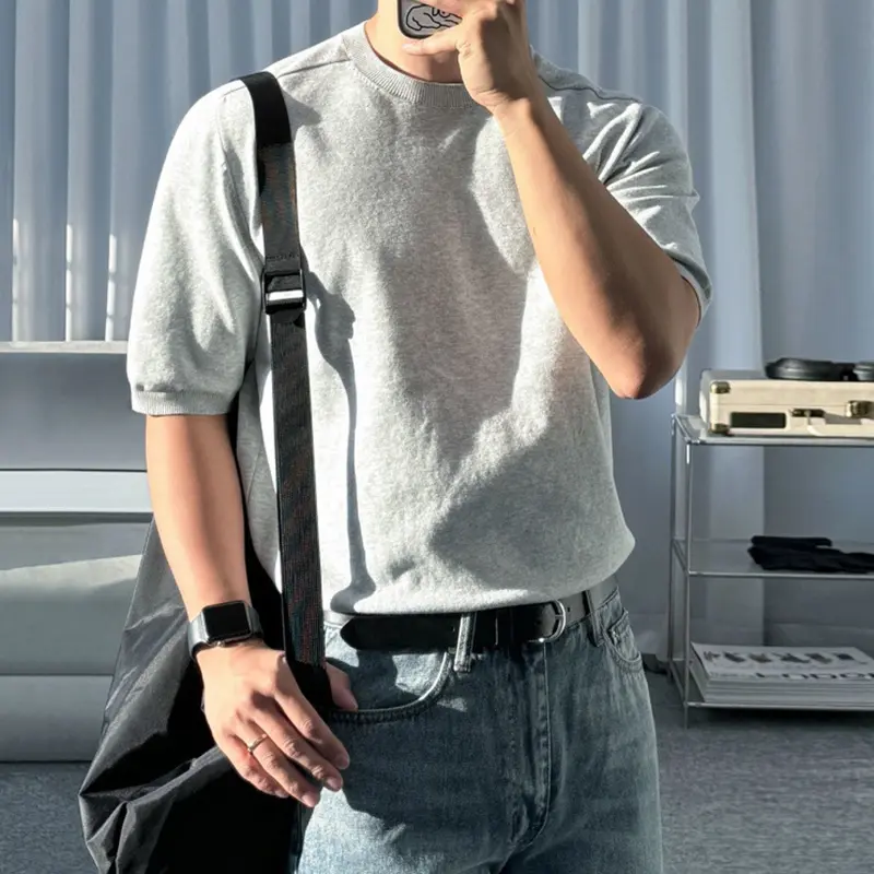 IEFB Korean Style Men's Knitted Top Half Sleeve Round Collar Pullover Male T-shirt Solid Color Loose Simple Male Clothing 9W3652