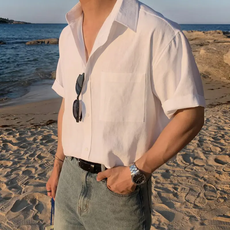 IEFB Korean Style Men's Shirts Lapel Solid Color Short Sleeved Pocket Solid Color Tops Single Breasted Loose Male Shirt 9W2911