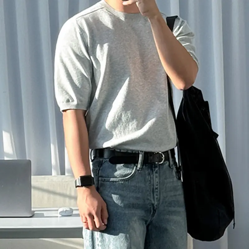 IEFB Korean Style Men's Knitted Top Half Sleeve Round Collar Pullover Male T-shirt Solid Color Loose Simple Male Clothing 9W3652