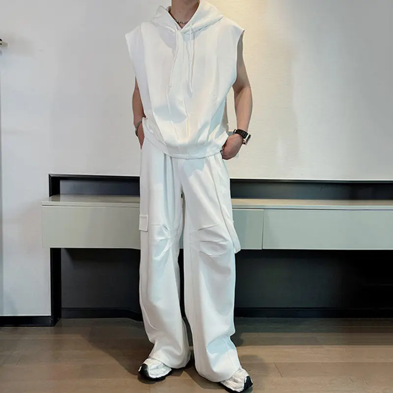 IEFB Korean Style Men's Suits Hooded Sleeveless Solid Color Drawstring Sweatshirts Summer Elastic Waist Ribbon Male Pants 9W3268