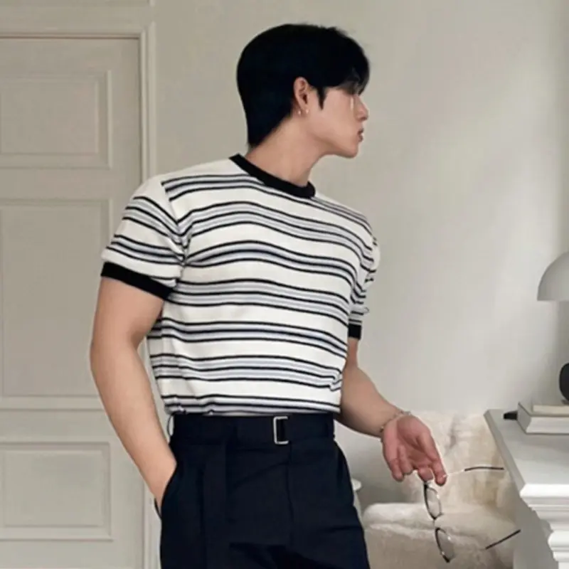 IEFB Niche Design Men's T-shirts Round Neck Striped Contrats Color Trendy Menswear Short Sleeve Pullover Male Tees Chic 9W3670