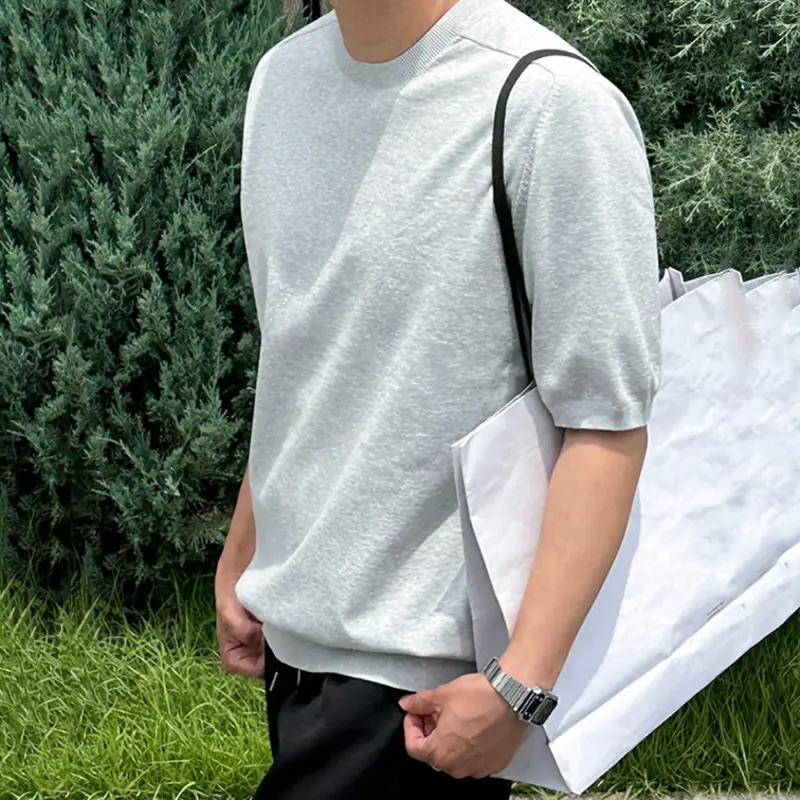 IEFB Korean Style Men's Knitted Top Half Sleeve Round Collar Pullover Male T-shirt Solid Color Loose Simple Male Clothing 9W3652