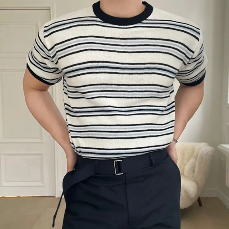 IEFB Niche Design Men's T-shirts Round Neck Striped Contrats Color Trendy Menswear Short Sleeve Pullover Male Tees Chic 9W3670