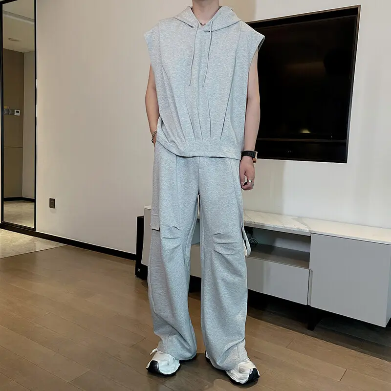 IEFB Korean Style Men's Suits Hooded Sleeveless Solid Color Drawstring Sweatshirts Summer Elastic Waist Ribbon Male Pants 9W3268