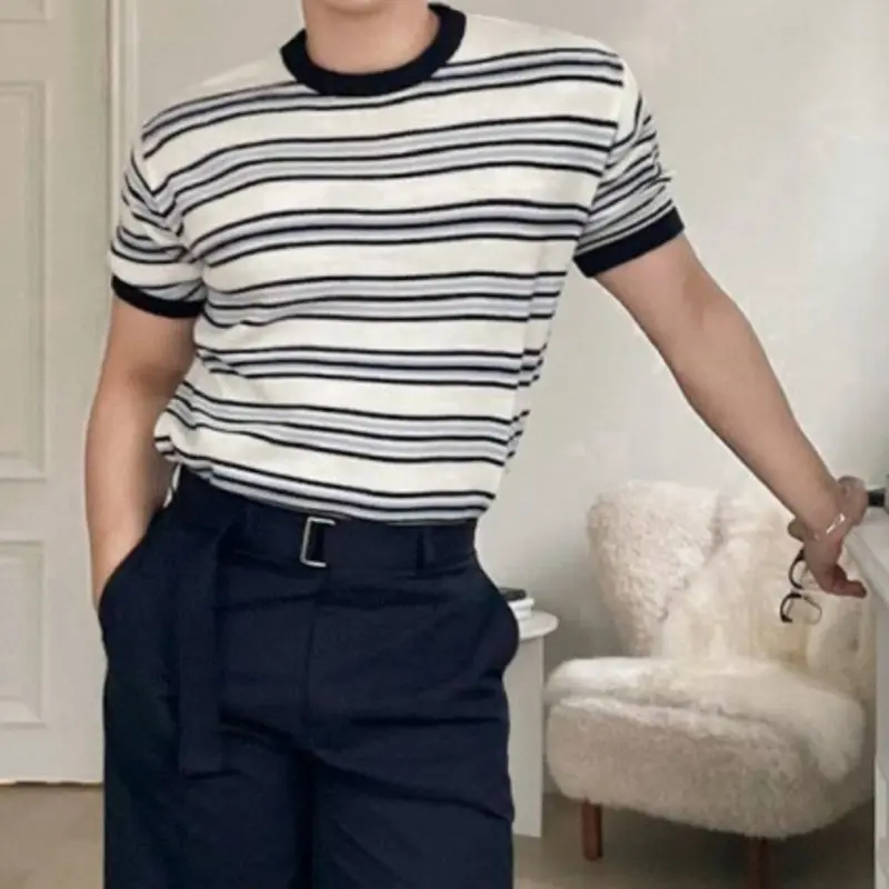 IEFB Niche Design Men's T-shirts Round Neck Striped Contrats Color Trendy Menswear Short Sleeve Pullover Male Tees Chic 9W3670