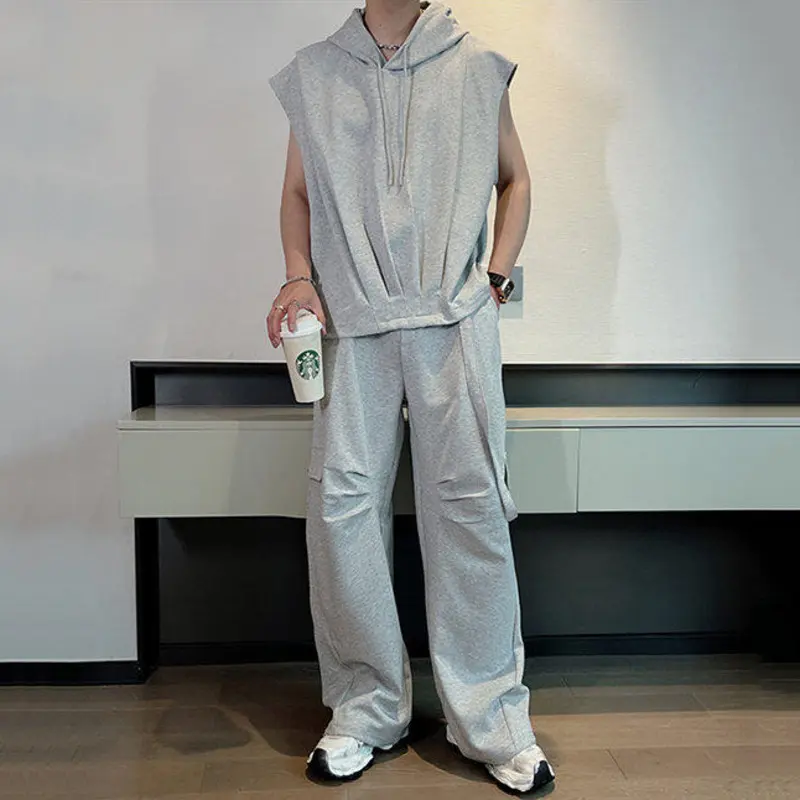 IEFB Korean Style Men's Suits Hooded Sleeveless Solid Color Drawstring Sweatshirts Summer Elastic Waist Ribbon Male Pants 9W3268