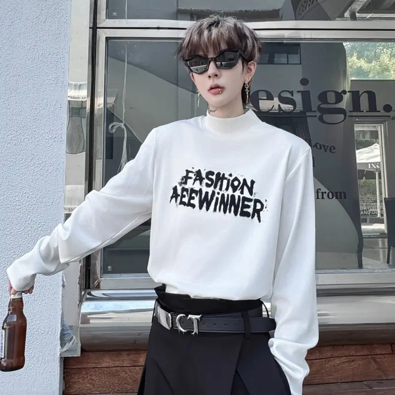 IEFB Niche Design Men's T-shirts Turtlenecks Letter Printing Contrast Color Long Sleeved Casual Tops Pullover Male Tees 9W4132