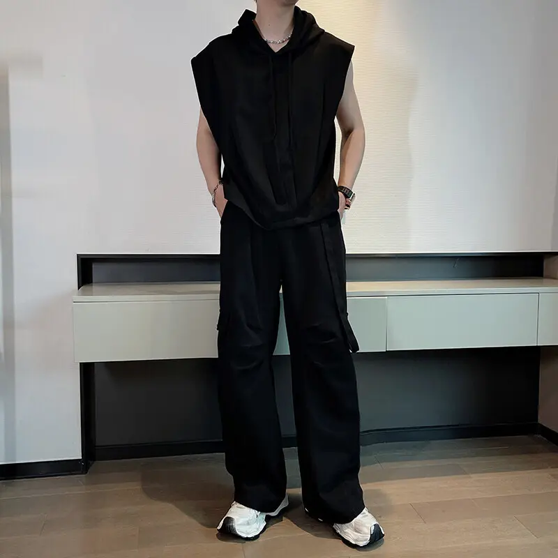 IEFB Korean Style Men's Suits Hooded Sleeveless Solid Color Drawstring Sweatshirts Summer Elastic Waist Ribbon Male Pants 9W3268