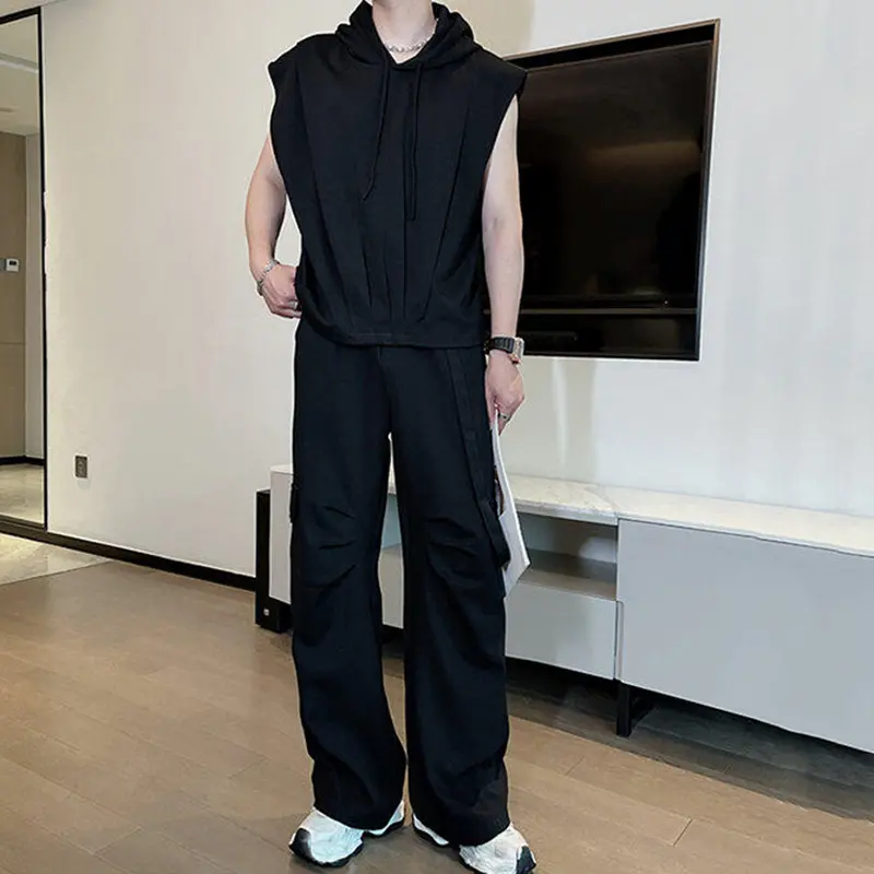 IEFB Korean Style Men's Suits Hooded Sleeveless Solid Color Drawstring Sweatshirts Summer Elastic Waist Ribbon Male Pants 9W3268