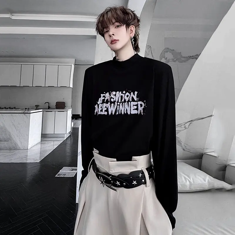 IEFB Niche Design Men's T-shirts Turtlenecks Letter Printing Contrast Color Long Sleeved Casual Tops Pullover Male Tees 9W4132