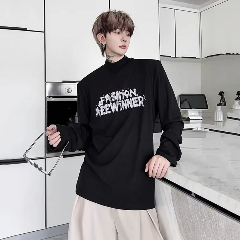 IEFB Niche Design Men's T-shirts Turtlenecks Letter Printing Contrast Color Long Sleeved Casual Tops Pullover Male Tees 9W4132
