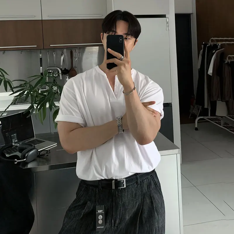 IEFB Korean Style Men's T-shirt Round Neck Solid Color Casual Menswear Short Sleeve Button Design Pullover Loose Male Tee 9W4263