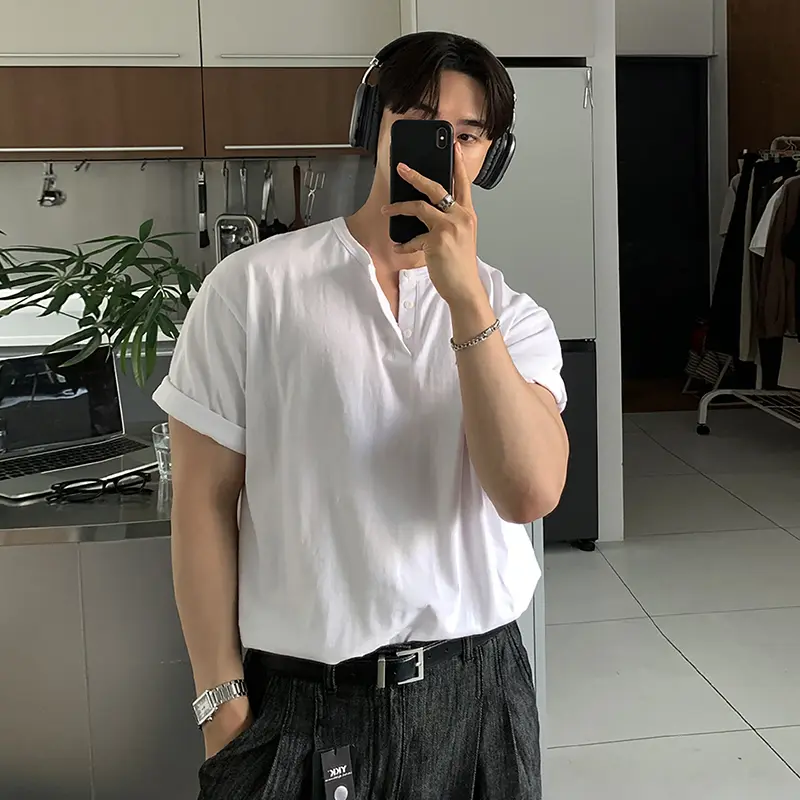 IEFB Korean Style Men's T-shirt Round Neck Solid Color Casual Menswear Short Sleeve Button Design Pullover Loose Male Tee 9W4263
