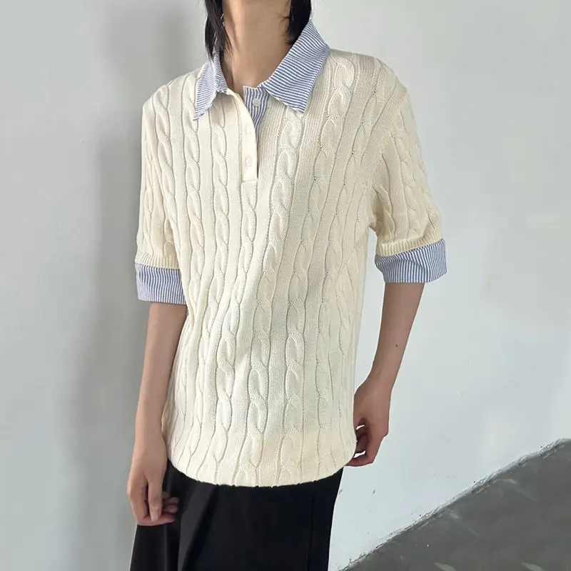 IEFB Korean Style Men's Tees Turn-down Collar Striped Design Contrast Color Button Knitting Short Sleeved Loose Male Tees 9W2966