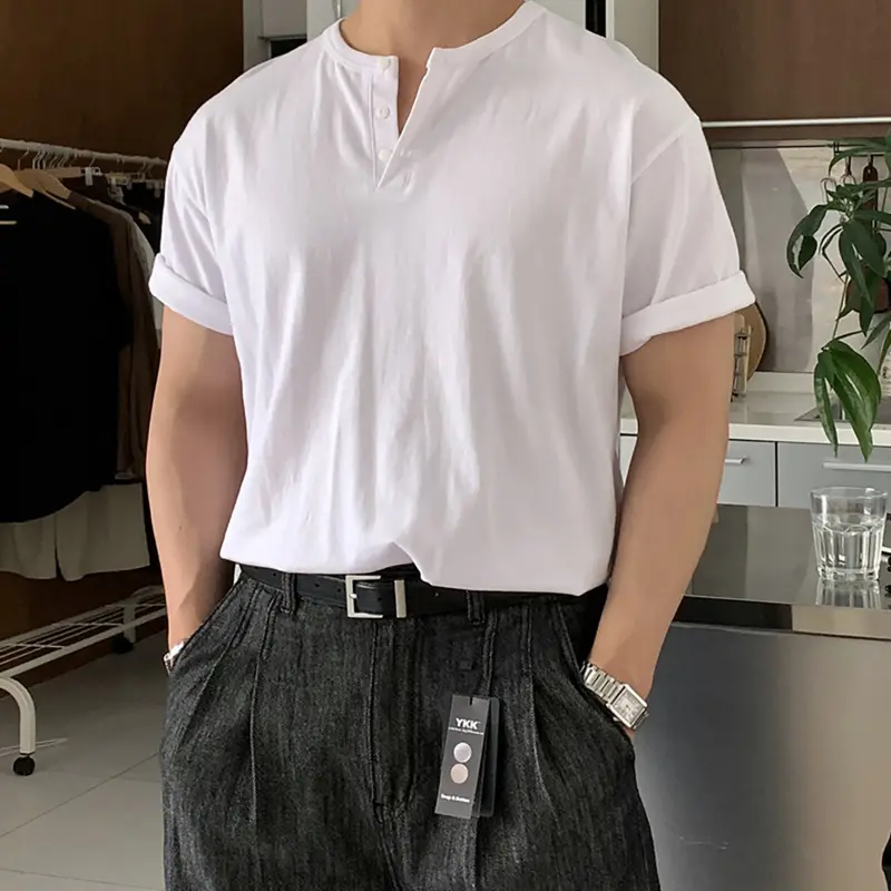 IEFB Korean Style Men's T-shirt Round Neck Solid Color Casual Menswear Short Sleeve Button Design Pullover Loose Male Tee 9W4263