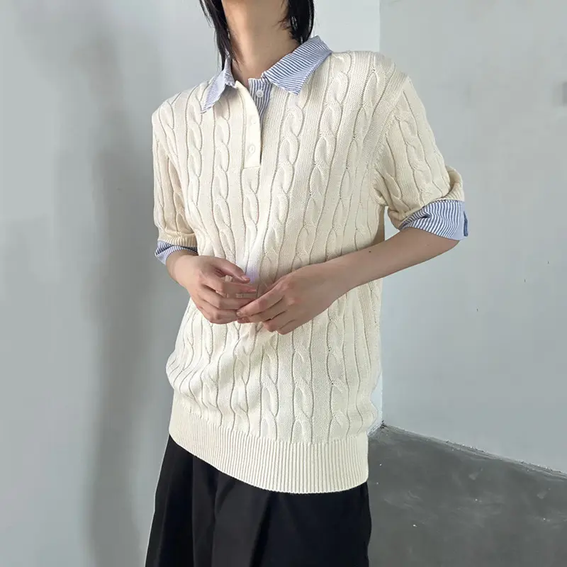 IEFB Korean Style Men's Tees Turn-down Collar Striped Design Contrast Color Button Knitting Short Sleeved Loose Male Tees 9W2966