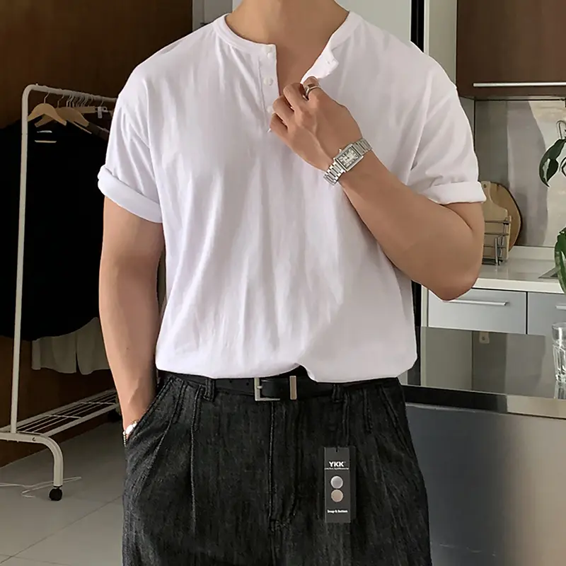 IEFB Korean Style Men's T-shirt Round Neck Solid Color Casual Menswear Short Sleeve Button Design Pullover Loose Male Tee 9W4263