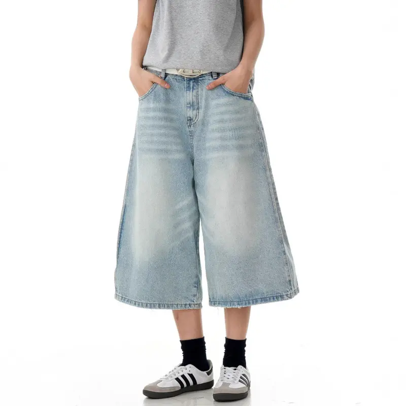 IEFB Cropped Trousers Men's Trendy Wide Leg Denim Shorts SummerHigh Street Loose Straight Casual Jeans Male Bottoms New 9W2848