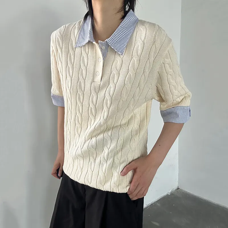 IEFB Korean Style Men's Tees Turn-down Collar Striped Design Contrast Color Button Knitting Short Sleeved Loose Male Tees 9W2966