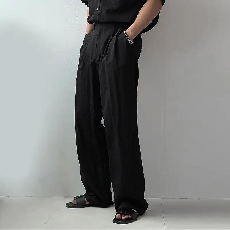 IEFB Summer Men's Trousers Casual Versatile Pleated Design Thin Wide Leg Menswear Loose Straight Solid Color Male Pants 9W2912