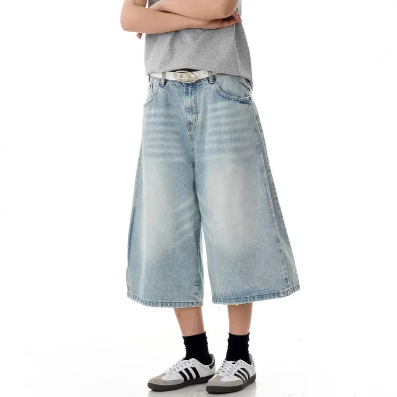 IEFB Cropped Trousers Men's Trendy Wide Leg Denim Shorts SummerHigh Street Loose Straight Casual Jeans Male Bottoms New 9W2848