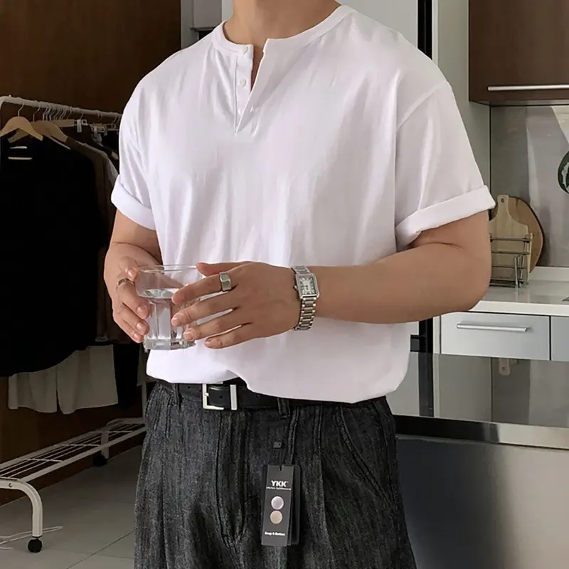 IEFB Korean Style Men's T-shirt Round Neck Solid Color Casual Menswear Short Sleeve Button Design Pullover Loose Male Tee 9W4263
