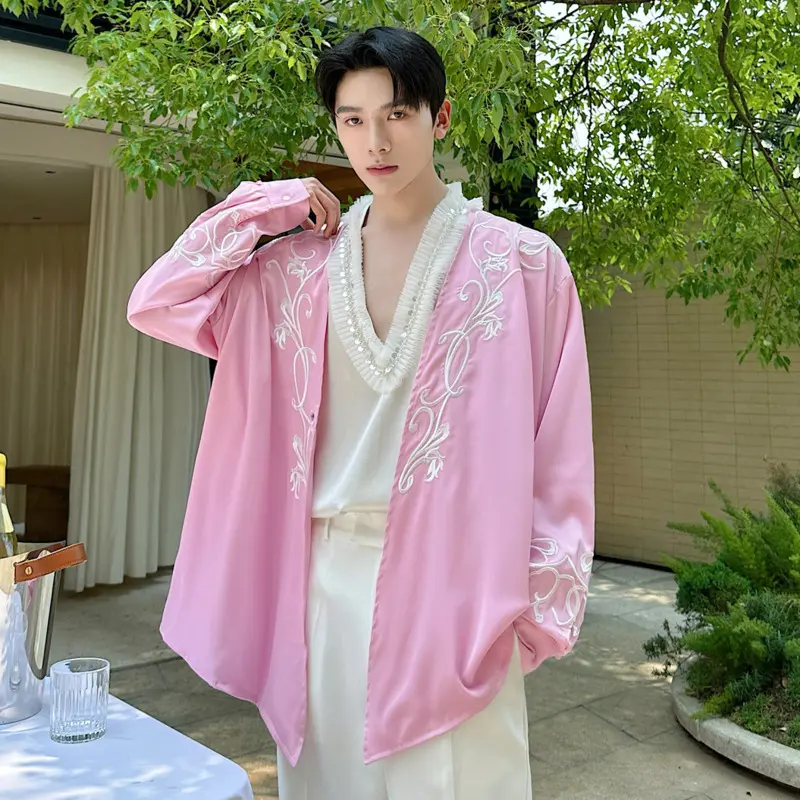 IEFB New Summer Men's Shirts Long Sleeved Large V-neck Contrast Color Embroidery Loose Covered Button Casual Male Tops 9W4063