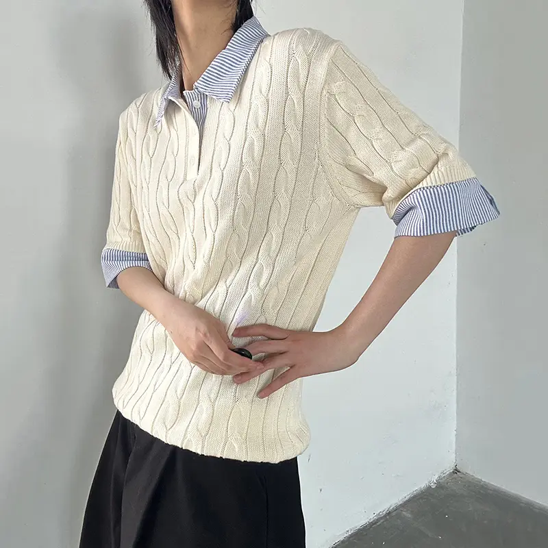 IEFB Korean Style Men's Tees Turn-down Collar Striped Design Contrast Color Button Knitting Short Sleeved Loose Male Tees 9W2966