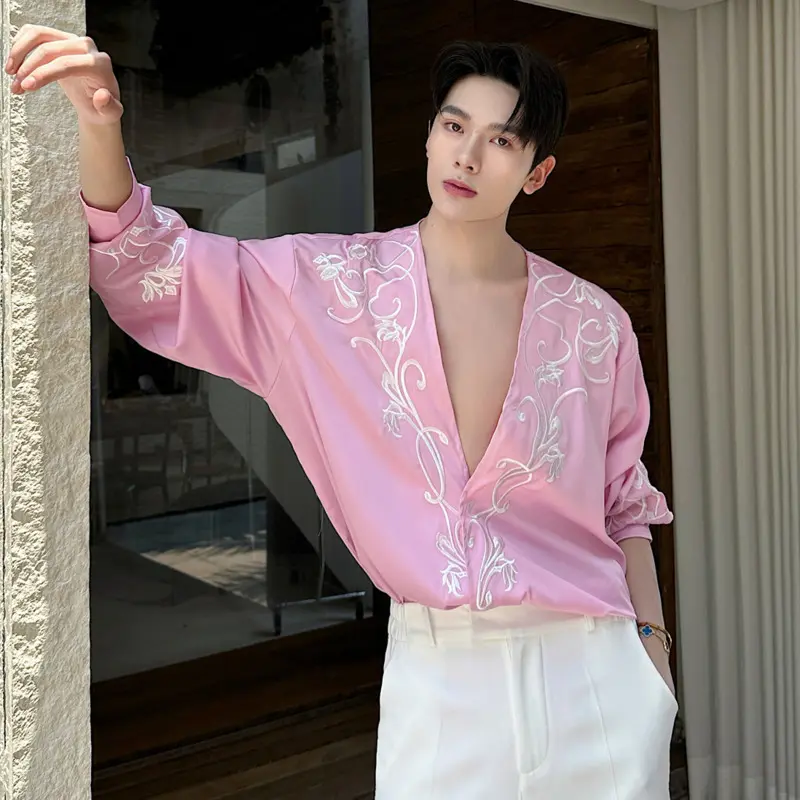 IEFB New Summer Men's Shirts Long Sleeved Large V-neck Contrast Color Embroidery Loose Covered Button Casual Male Tops 9W4063