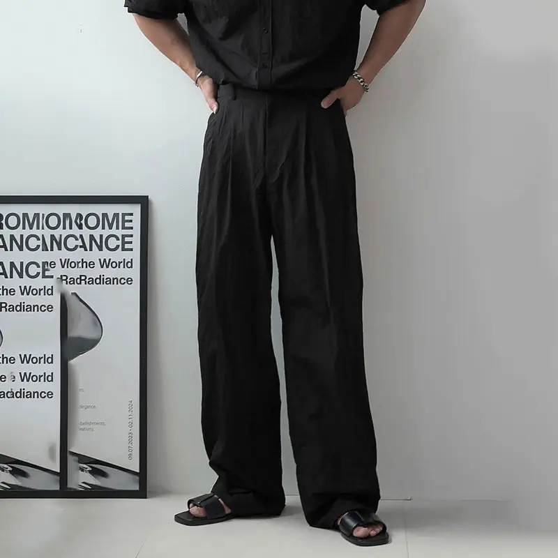 IEFB Summer Men's Trousers Casual Versatile Pleated Design Thin Wide Leg Menswear Loose Straight Solid Color Male Pants 9W2912
