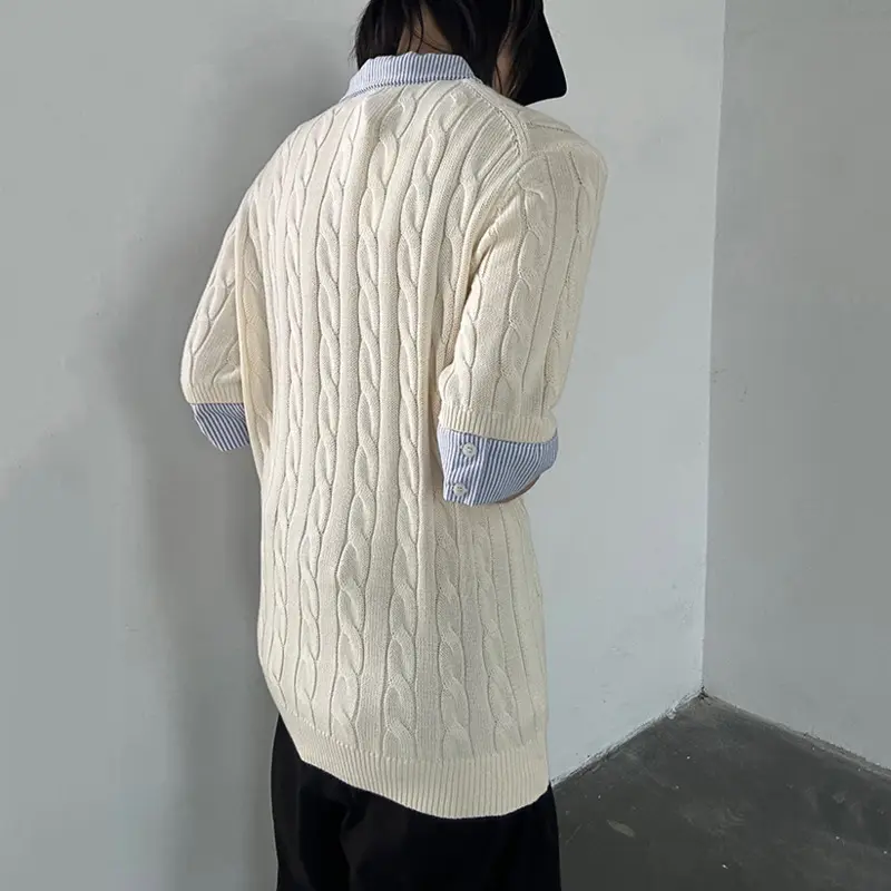 IEFB Korean Style Men's Tees Turn-down Collar Striped Design Contrast Color Button Knitting Short Sleeved Loose Male Tees 9W2966