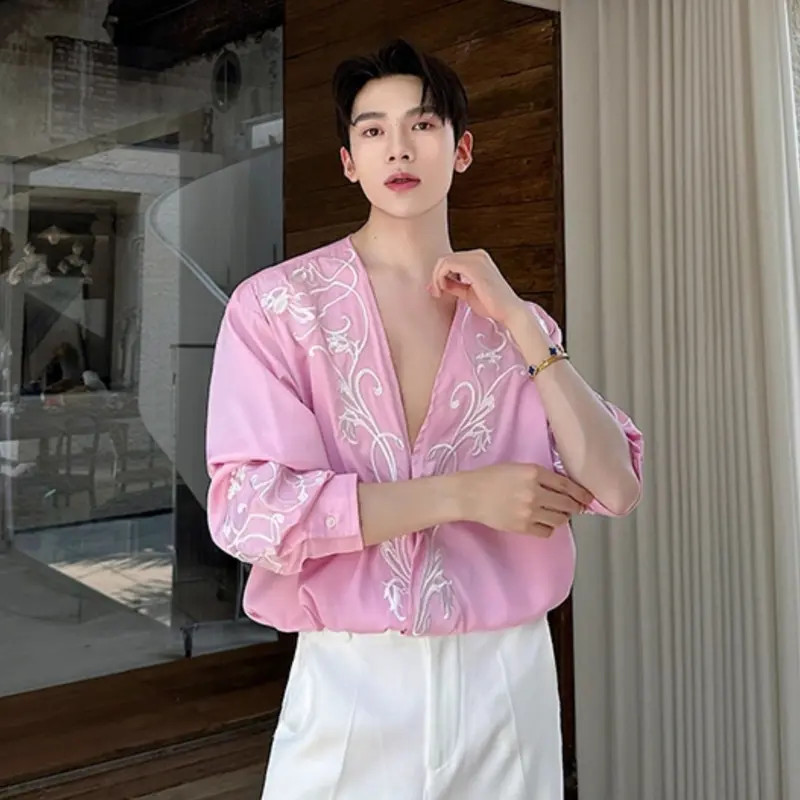 IEFB New Summer Men's Shirts Long Sleeved Large V-neck Contrast Color Embroidery Loose Covered Button Casual Male Tops 9W4063